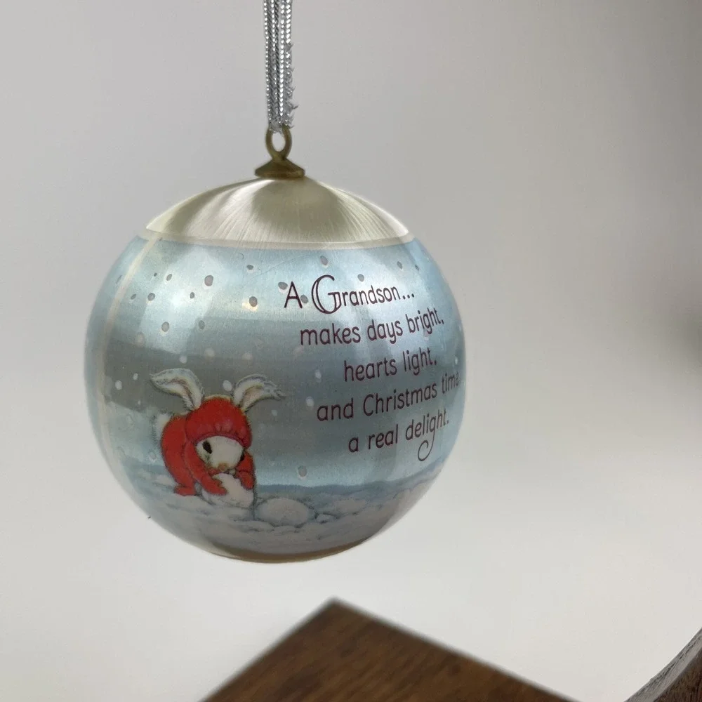 Vintage 1982 Hallmark Grandson Satin Ball‎ Christmas Ornament Bunnies Sled Snow